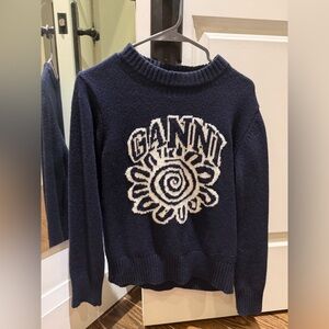 Ganni Dark Blue Sweater with White Logo